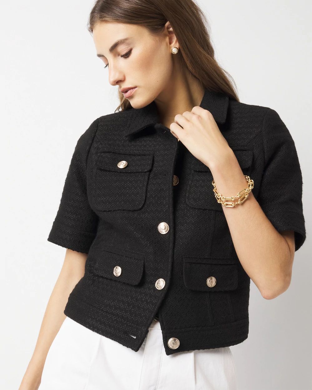 注目の Short-Sleeve Petite Tweed Market Black House White | Jacket トップス